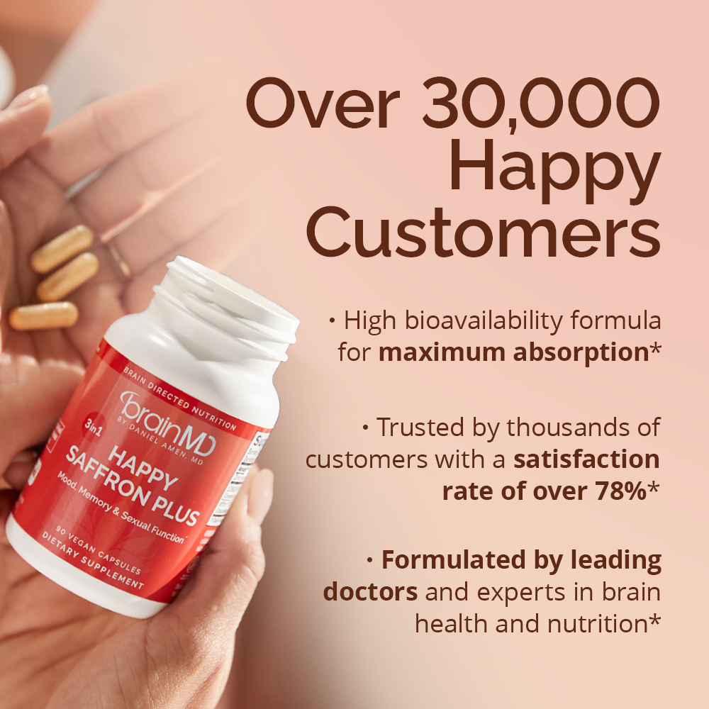 Dr Amen BrainMD Happy Saffron Plus - 90 Capsules - With Saffron Flower Extract, Curcumin & Zinc - Vegan, Gluten Free - 30 Servings