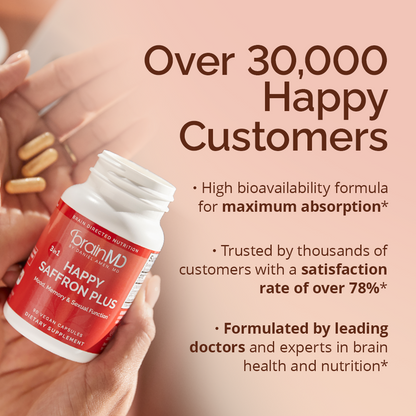 Dr Amen BrainMD Happy Saffron Plus - 90 Capsules - With Saffron Flower Extract, Curcumin & Zinc - Vegan, Gluten Free - 30 Servings