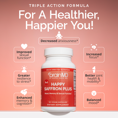Dr Amen BrainMD Happy Saffron Plus - 90 Capsules - With Saffron Flower Extract, Curcumin & Zinc - Vegan, Gluten Free - 30 Servings