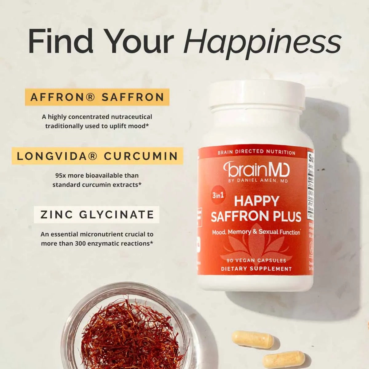 Dr Amen BrainMD Happy Saffron Plus - 90 Capsules - With Saffron Flower Extract, Curcumin & Zinc - Vegan, Gluten Free - 30 Servings